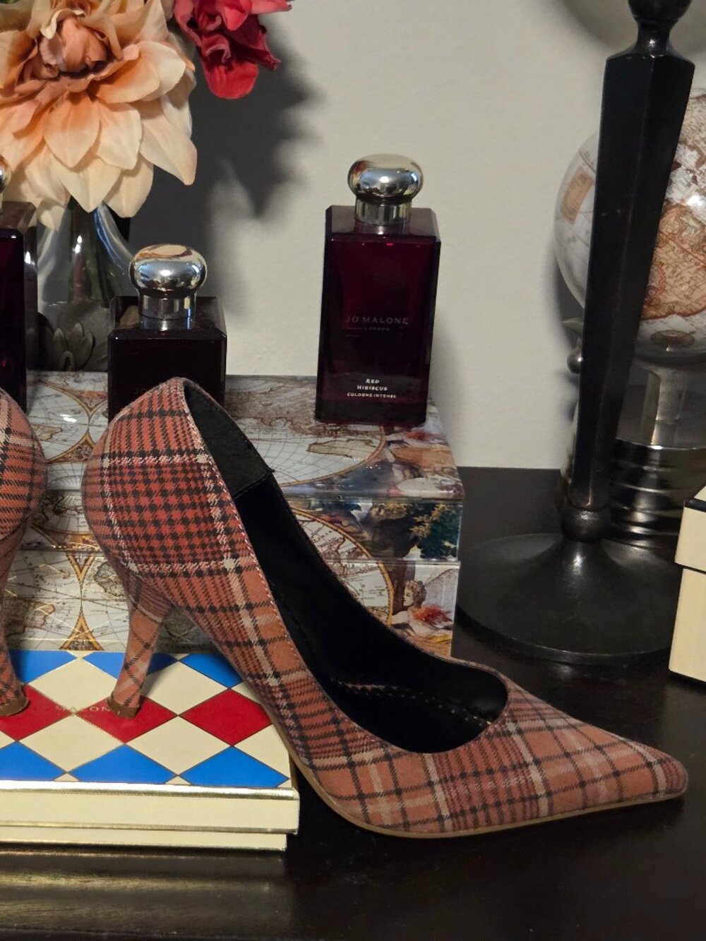 Stylish Plaid Heels • Brown & Pink Check Pumps • Low Heel